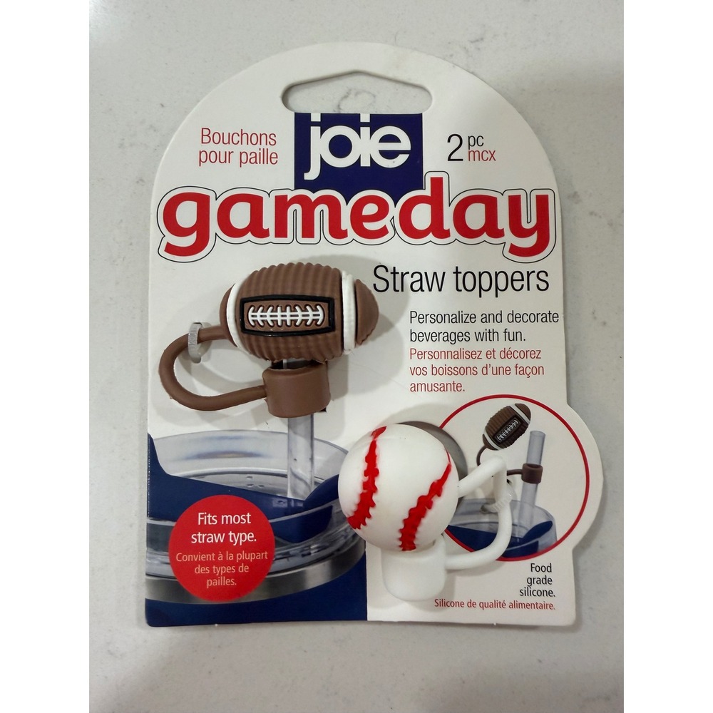 Joie Gameday Straw Toppers 2pc Football Baseball Silicone BPA Free Sports Set